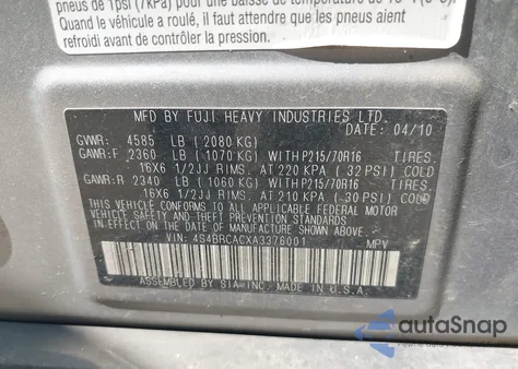 2010 Subaru Outback 2.5I z USA, uszkodzony, nr VIN 4S4BRCACXA3376001